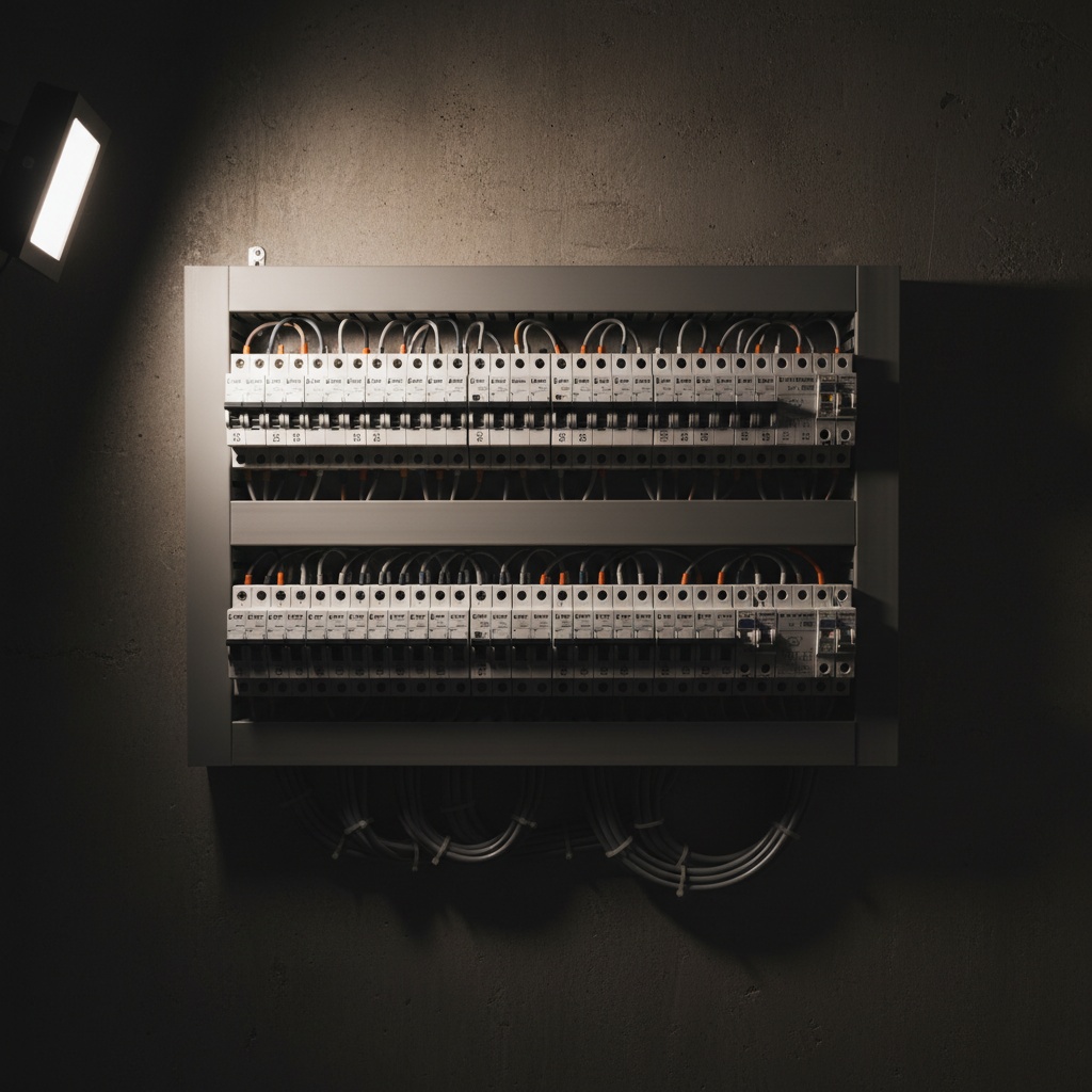 An immaculate switchboard with two neat rows of breakers and combed wiring, lit by one work light