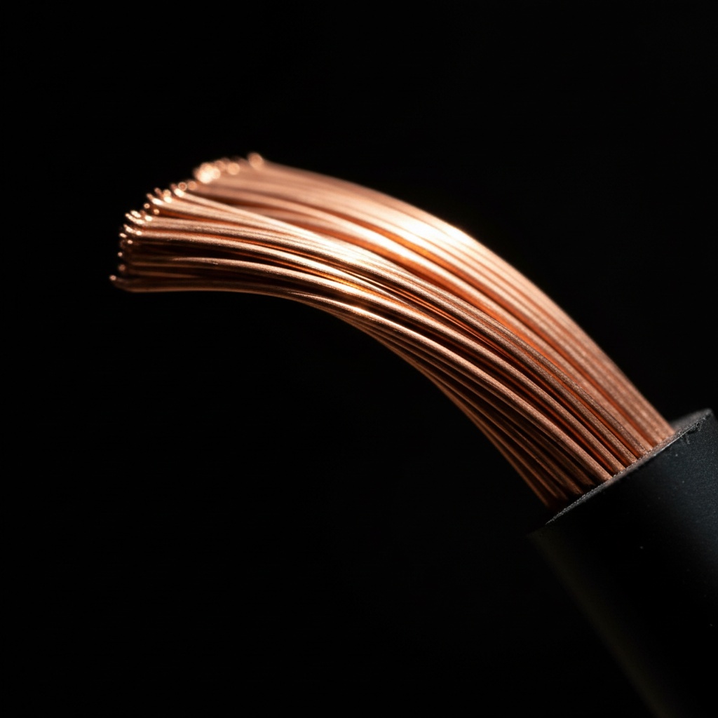 Stripped copper conductors fanned into an arc, catching a single hard light against black