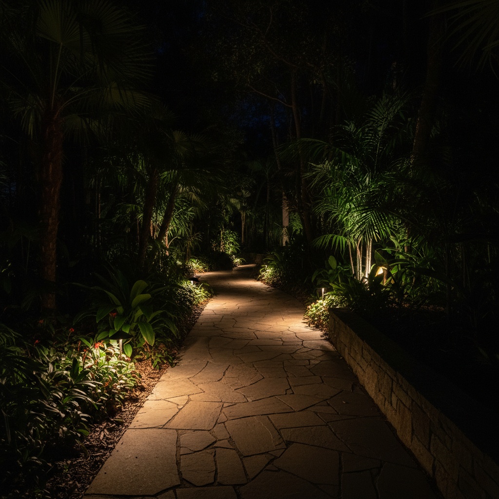 Warm landscape lighting along a stone path through dark subtropical planting at night