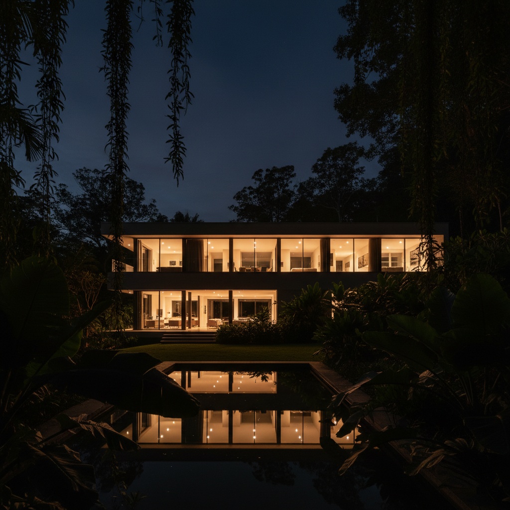 A hillside house at night where only the glowing windows describe the architecture
