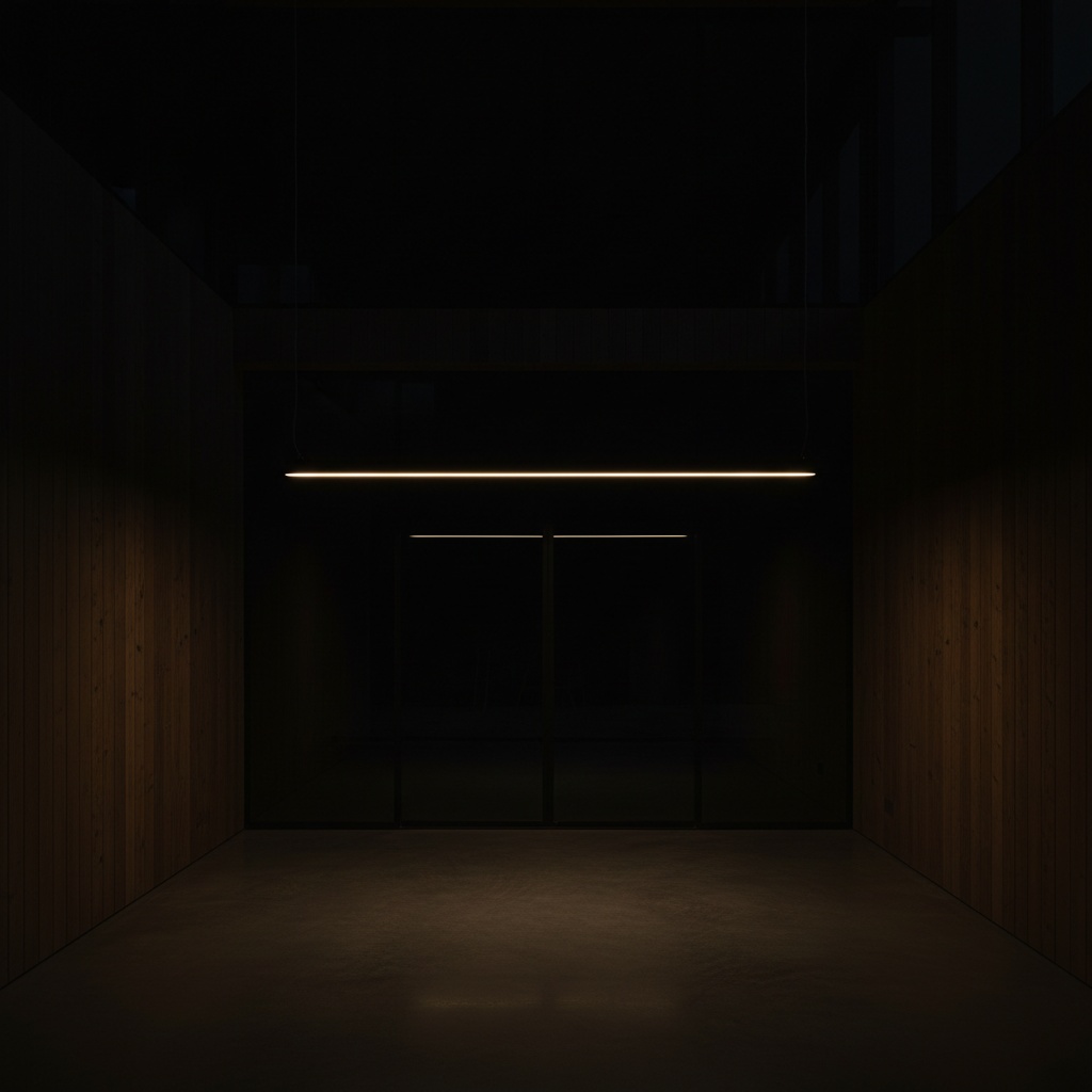 A dark concrete and timber room at night lit only by a single long linear pendant